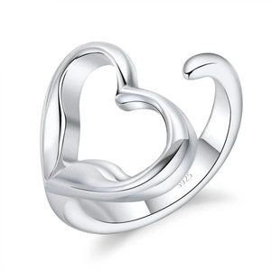 💎 925 Sterling Silver Heart Adjustable Ring Elegant Cute